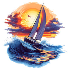 A stylized image of a sailboat on a wave isolated on transparent background
