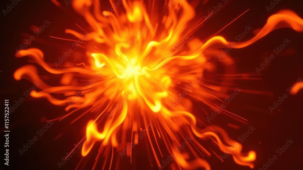 Poster abstract fiery explosion with flowing orange and yellow lines glowing against a dark background perf