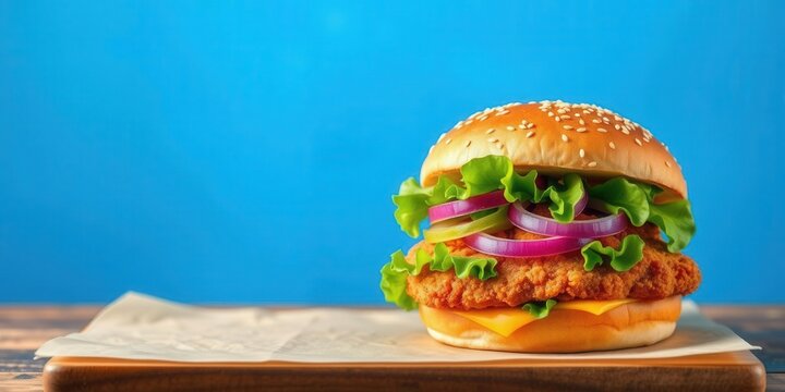 Delicious crispy chicken burger topped with fresh lettuce, sliced red onions, pickles, and melted cheese served on a sesame seed bun against a vibrant blue background.