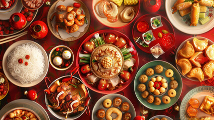 Chinese New Year food, traditional festive theme, vibrant colors, rich red and gold details, detailed cultural elements, high-resolution illustration