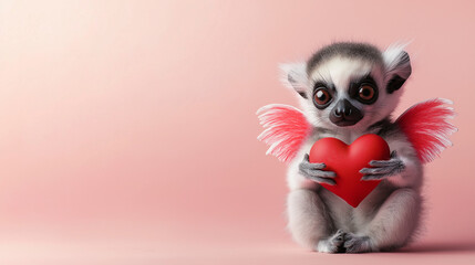 Obraz premium A cute lemur with red and white wings holding a red heart , set against a soft pink background flat surface. The design features ample blank space, making it perfect for a Valentine’s Day gift card