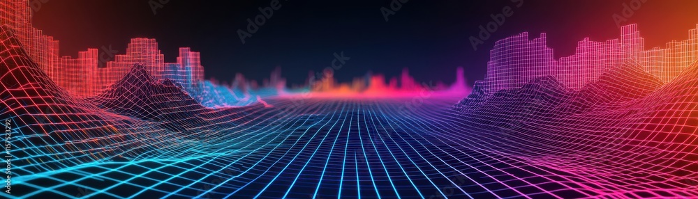 Poster futuristic landscape with vibrant colors and grid patterns.