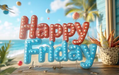 Happy Friday Beach Vibes: 3D Text on Tropical Seaside Setting