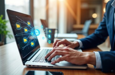 Businessman uses laptop for document management. Online database, file storage system in use. Records keeping, database tech prominent concepts. Modern office environment setting. Pro organizing