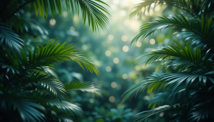 Fototapeta premium Lush green foliage thrives in a tropical rainforest environment, illuminated by the warm glow of the setting sun, creating a vibrant and serene natural scene.