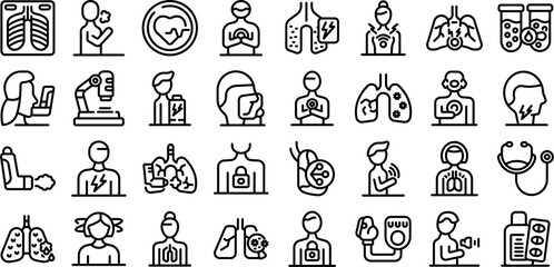 Asthma symptoms icons set. Set of simple black and white icons representing respiratory diseases, symptoms, diagnostic procedures, and treatments