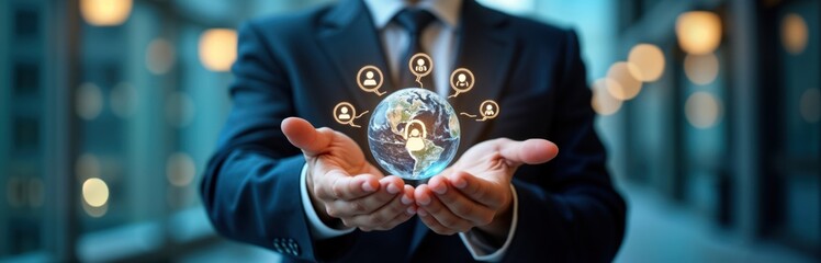 Businessman holds global digital tech device. Human interaction with AI virtual assistant concept. AI prompt engineering, generative AI for work support. Global communication, service. Future tech