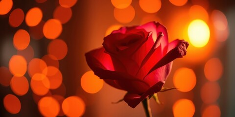 Obraz premium A Single Red Rose Illuminated by Warm Bokeh Lights