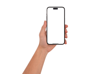 Hand showing smartphone with blank screen isolated.