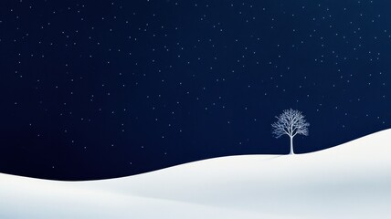 A serene winter landscape with a solitary tree under a starry sky.