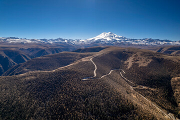 Beautiful view of the snowy peaks of Mount Elbrus. Landscape and nature of the North Caucasus