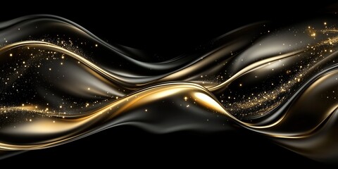 Obraz premium Graphic Design and Abstract Wallpaper, Black and Gold Liquid Ribbons with Sparkling Particles on a Dark Background