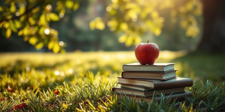 A red apple rests atop a stack of books nestled in a sun-drenched grassy meadow