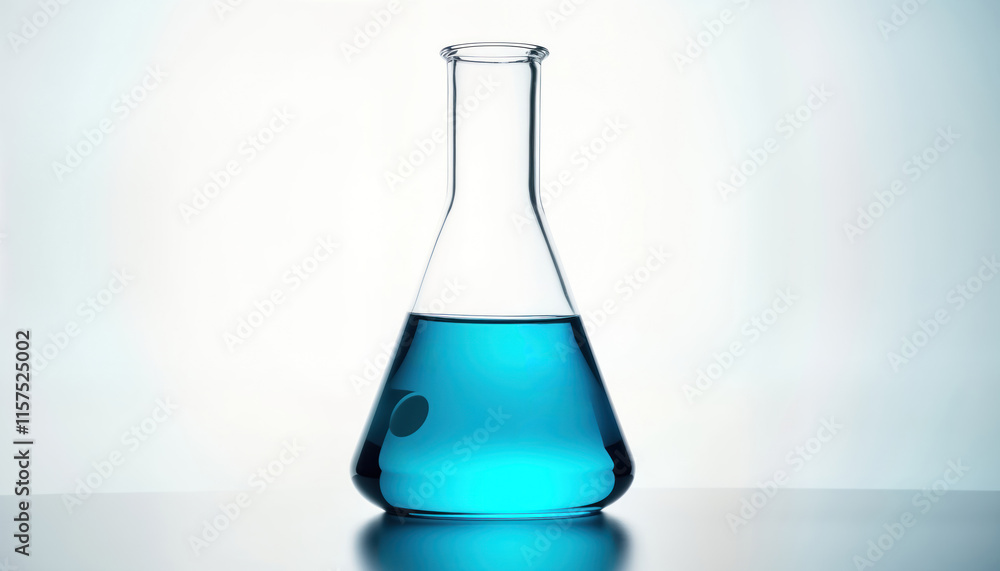 Poster Empty conical flask with transparent background filled with blue liquid. Lab equipment for testing research. Science illustration photo for use in educational materials. Modern scientific lab tools.