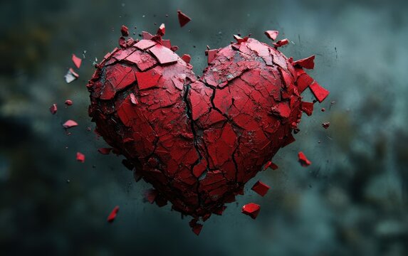Shattered Heart: A Digital Depiction of Pain and Loss, A Broken Heart Exploding into Fragments Against a Dark Background