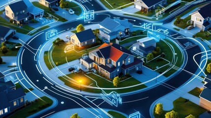 Aerial view of a smart neighborhood with digital overlays.