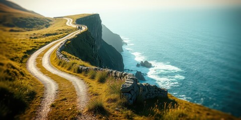 Serene coastal road winding along a dramatic cliff edge overlooking a vast ocean