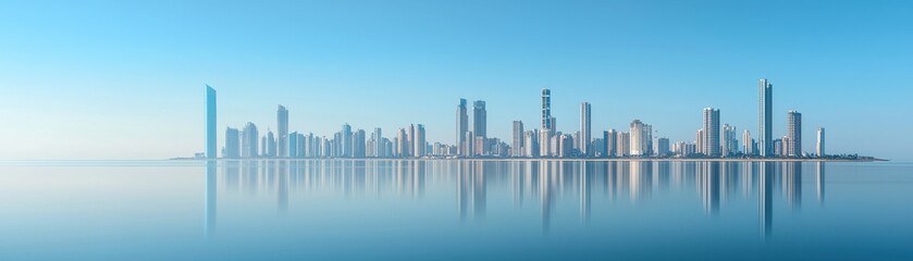 Fototapeta premium Stunning skyline reflecting on water with clear blue sky.