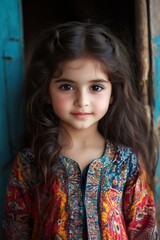 Fototapeta premium Portrait of adorable young girl with long brown hair wearing colorful dress