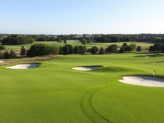 Expansive Green Golf Course Landscape with Sand Bunkers and Clear Blue Sky, Ideal for Capturing Serene Outdoor Sports Moments and Nature's Beauty