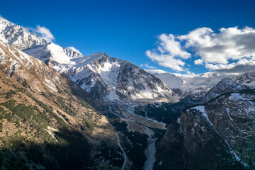 Aerial panorama overlooking mountain peaks. Landscape and nature of the North Caucasus