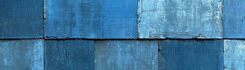 Abstract blue wall with textured panels and unique color variations.