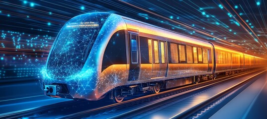 Digital Subway Train with Connected Lines and Dots - Green Technology and Transportation Concept