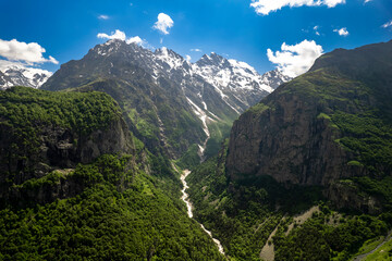Aerial panorama overlooking mountain peaks. Landscape and nature of the North Caucasus