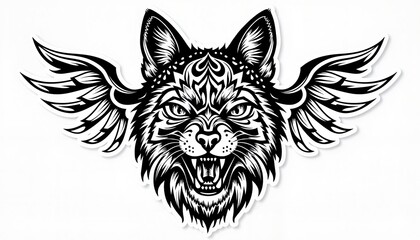 Obraz premium Winged wolf illustration with fierce expression in black and white, Print for T-Shirt