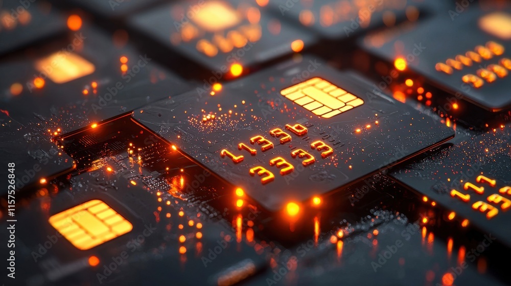 Poster close-up view of glowing microchips showcasing the intricate design and modern technology.