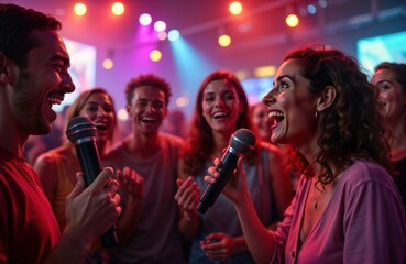 Young diverse friends enjoying karaoke night at nightclub. Singing, laughing together. Vibrant atmosphere filled with music, fun. Group fun at disco. People fun at nightclub singing together.