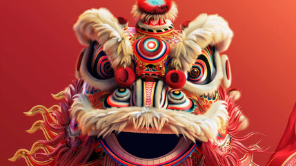 Naklejka premium Chinese New Year lion dance performance, traditional festive theme, vibrant colors, rich red and gold details, detailed cultural elements, high-resolution illustration