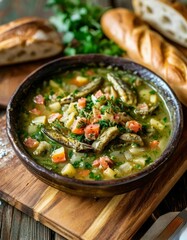 Traditional Portuguese Caldo Verde Soup: A hearty and vibrant bowl of Caldo Verde, featuring fresh kale, potatoes, and diced tomatoes, garnished with parsley and served in a rustic ceramic dish.