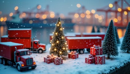 Miniature Christmas scene at snowy port. Decorated trees, gift-wrapped containers, toy trucks placed in wintery harbor. Festive twinkling lights add magical atmosphere. Snowy dockyard creates cozy