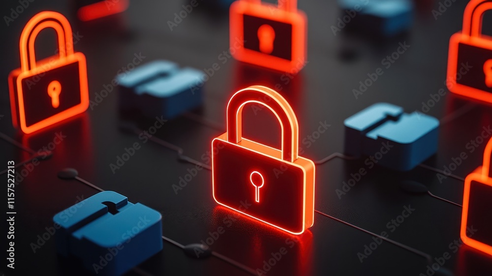 Poster a digital network with glowing red icons representing scams, while blue lock icons fight to secure t