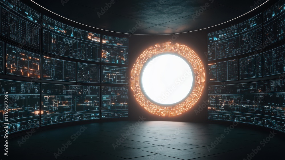 Poster futuristic room with illuminated interface and circular portal.