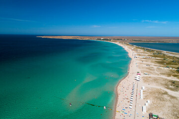 Aerial view of a sandy beach on the Black Sea coast of the Crimea peninsula