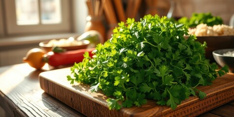 A bunch of fresh cilantro rests on a wooden cutting board in a sunlit kitchen setting