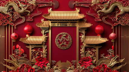 Obraz premium Chinese New Year paper cutting, traditional festive theme, vibrant colors, rich red and gold details, detailed cultural elements, high-resolution illustration