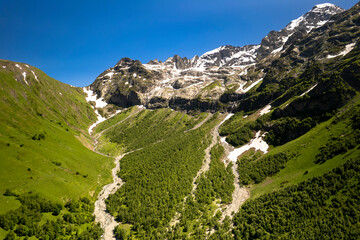 Aerial panorama of mountain peaks. Landscape and nature of the North Caucasus