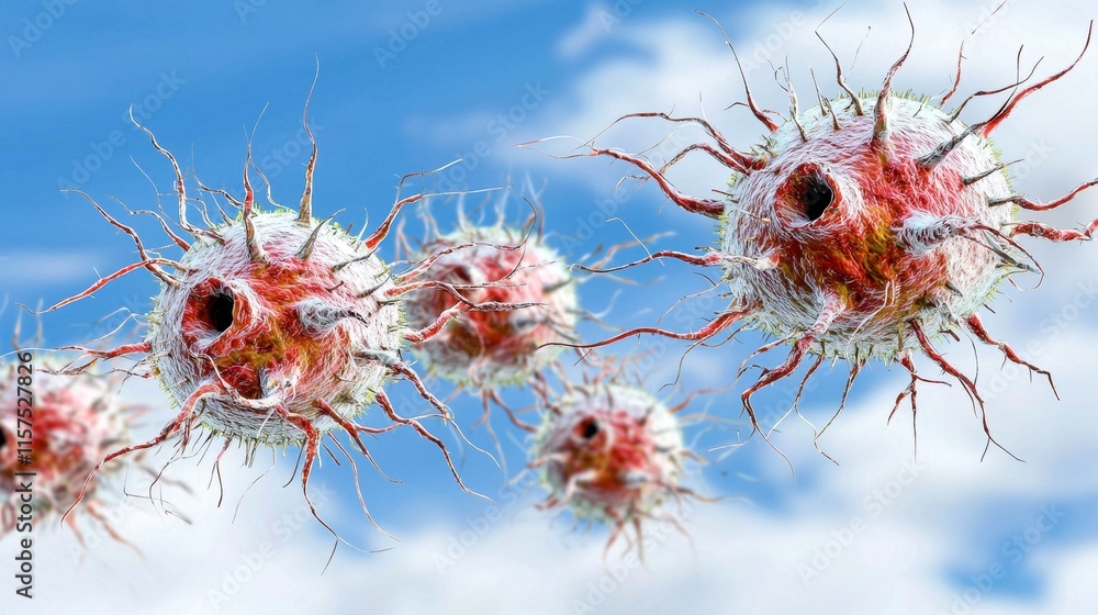 Poster microscopic view of active microorganisms in a vibrant blue background, depicting cellular structure