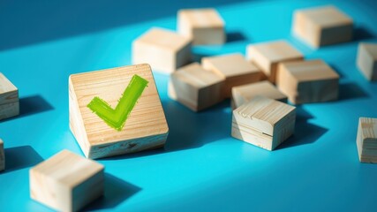 Achieving goals A green checkmark on a wooden block among others on a blue surface