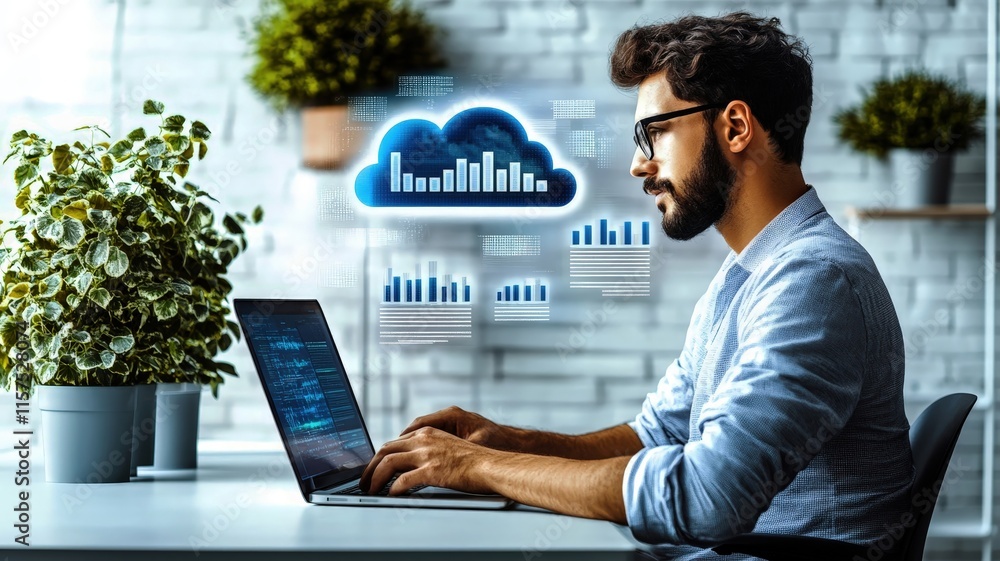Poster a man works on a laptop, analyzing data with cloud graphics in a modern office space featuring indoo
