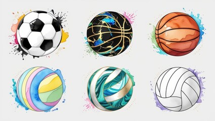 Colorful Watercolor Sport Balls Soccer Basketball Volleyball More
