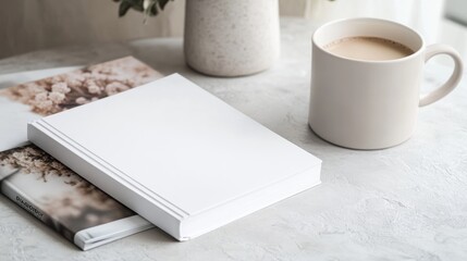 A white book with blank cover sits on top of the table. Mockup