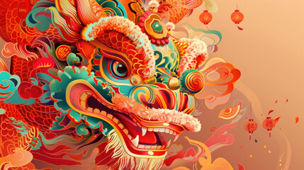 Obraz premium Chinese New Year parade, traditional festive theme, vibrant colors, rich red and gold details, detailed cultural elements, high-resolution illustration