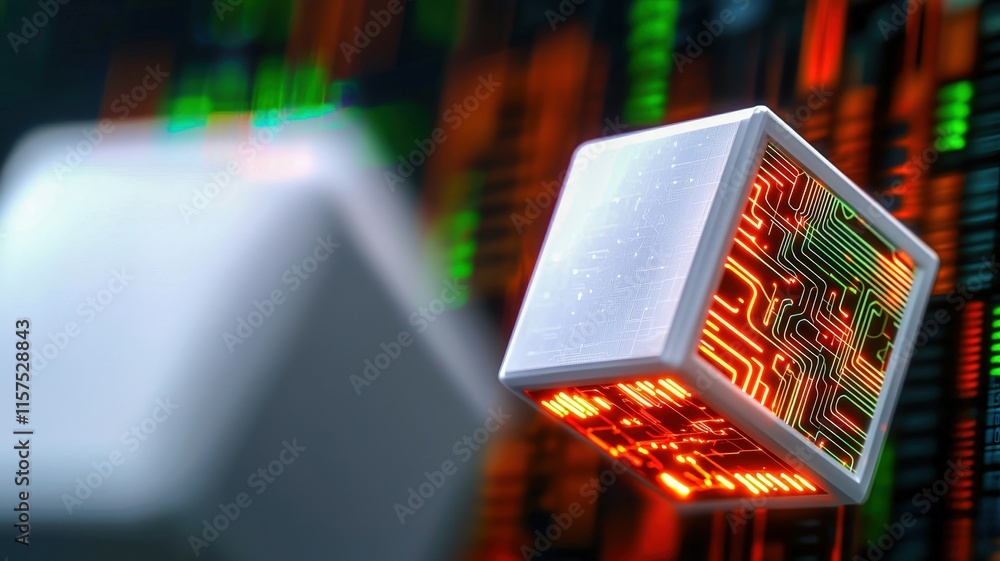 Poster a close-up of a futuristic microchip, illuminated with vibrant colors, against a backdrop of digital