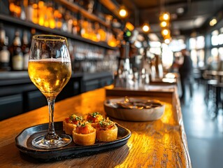 Fototapeta premium Delicious appetizers and wine in a stylish bar setting.