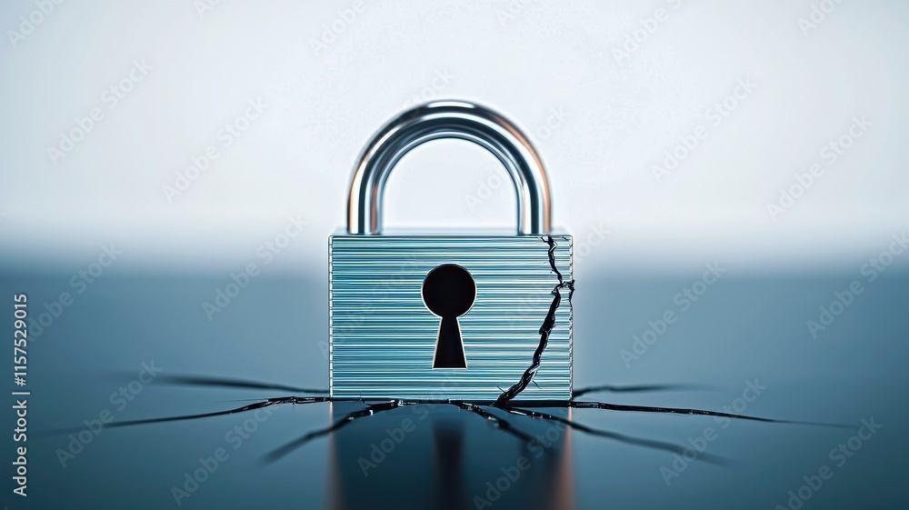 Poster a cracked digital lock on a website interface, representing online fraud vulnerabilities and cyber t