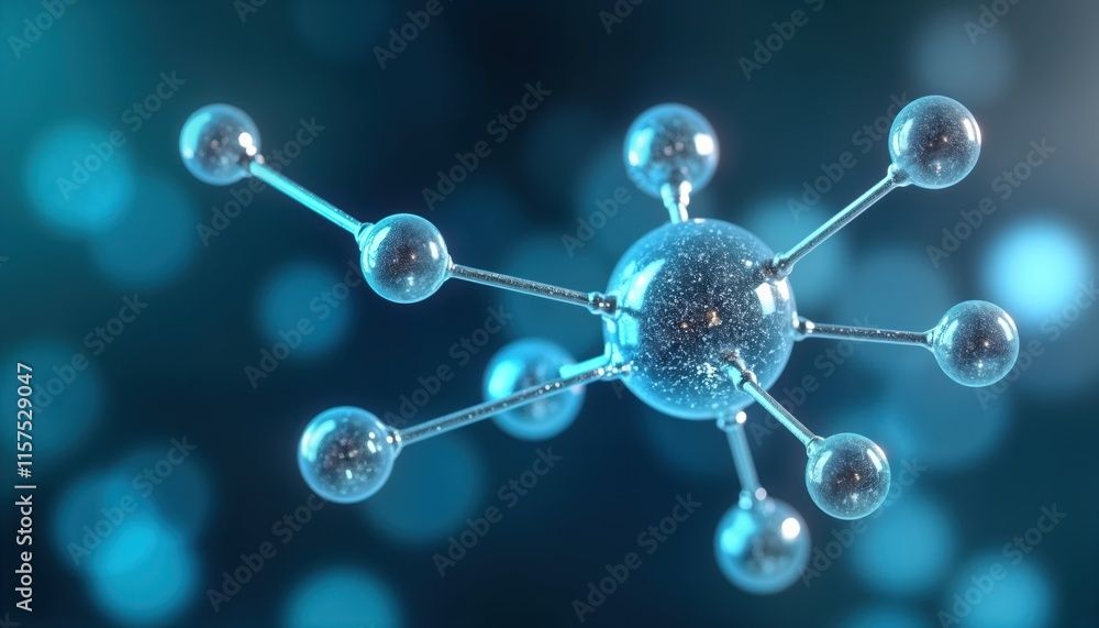 Poster 3D model of molecule. Molecular structure displays complex connections of spheres. Transparent spheres linked by metallic lines. Blue background. Scientific illustration for education. Visual